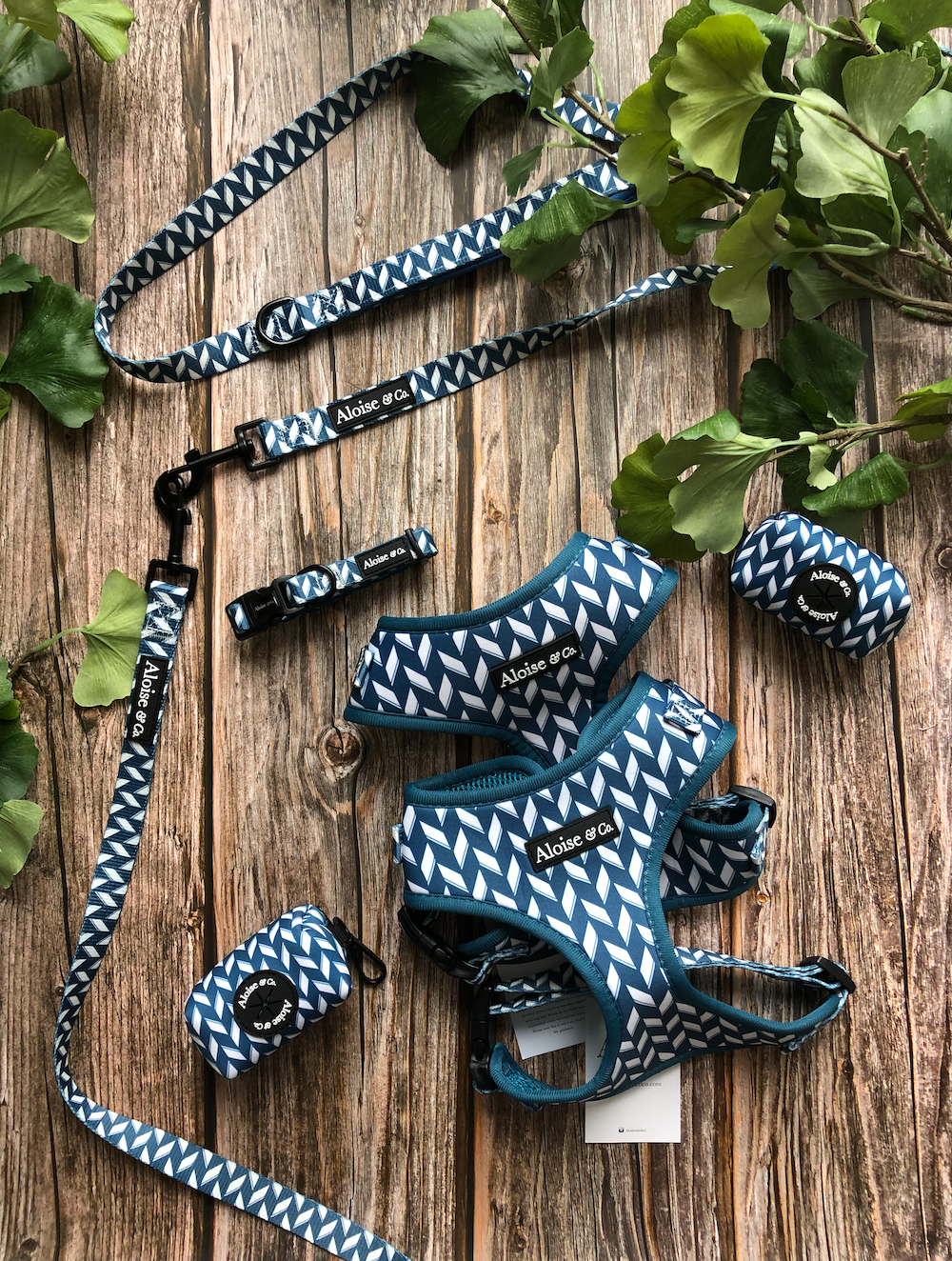 Blue Herring Bone Harness, lead, collar and poo bag set.