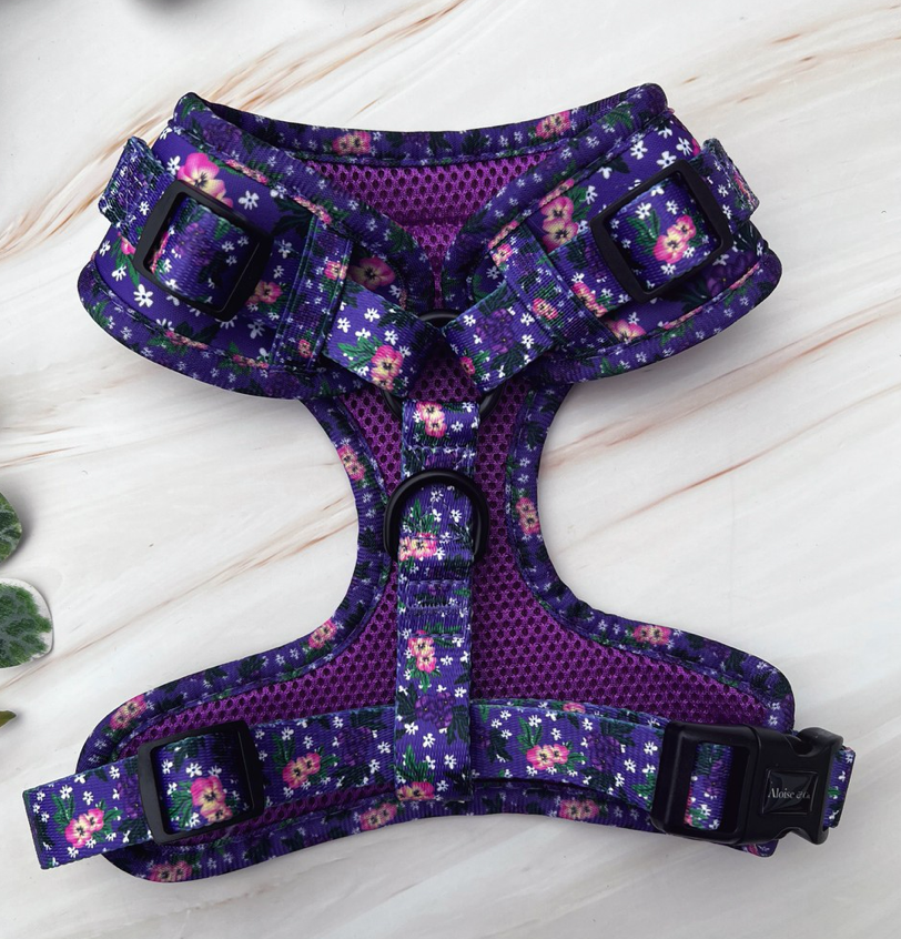 Adjustable Dog Harness - Purple Pansies